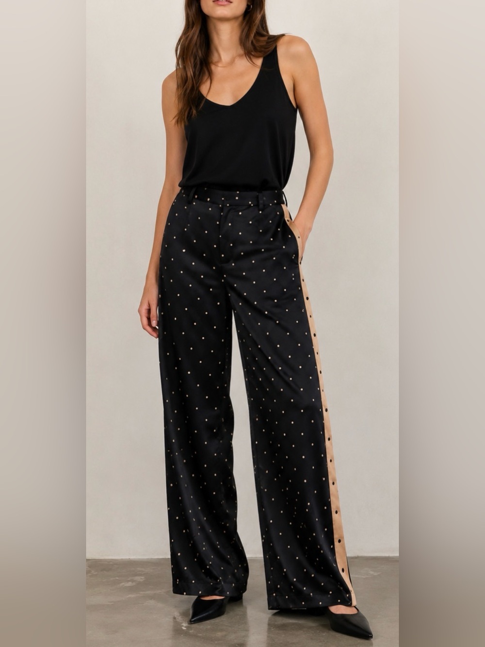 YaYa Viscose Satin Black Polka Dot Wide Legs High Waist Pants Size 6 US NWT